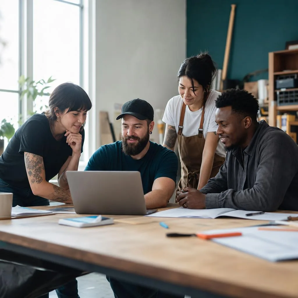 Four diverse professionals collaborating around a laptop on a wooden desk