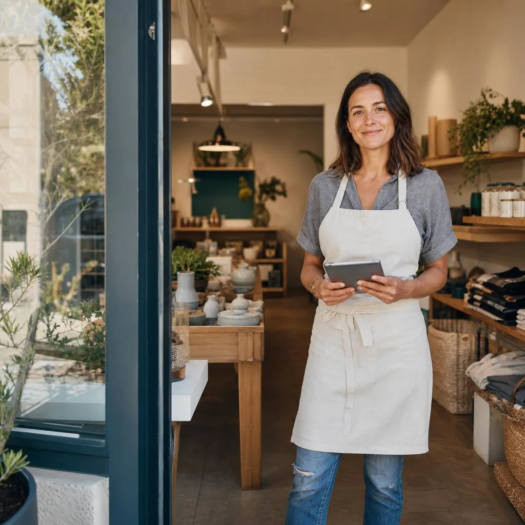 Female retail shop owner wearing an apron and holding a tablet