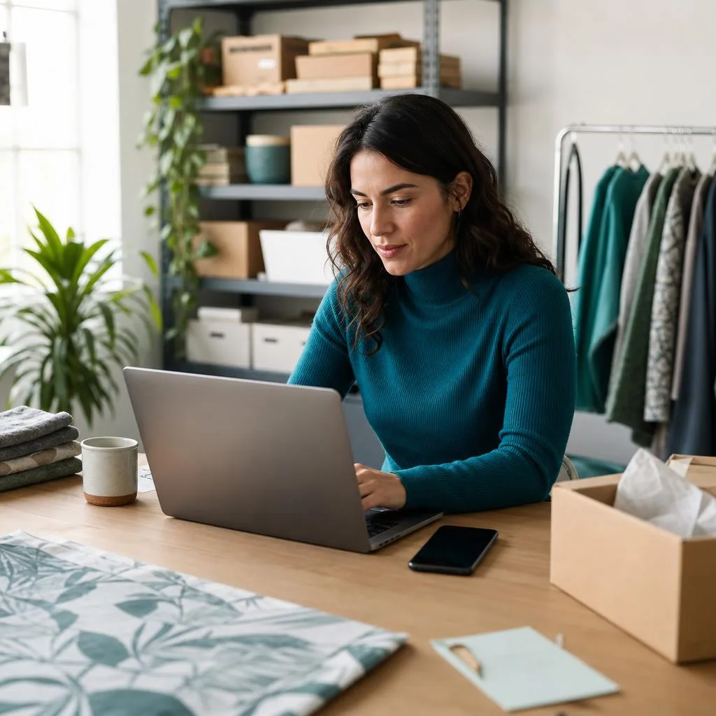 Woman working on a laptop at a desk with boxes and clothes racks