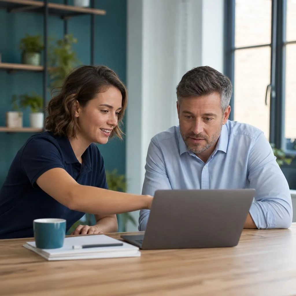 Man and woman looking at a laptop together at a desk